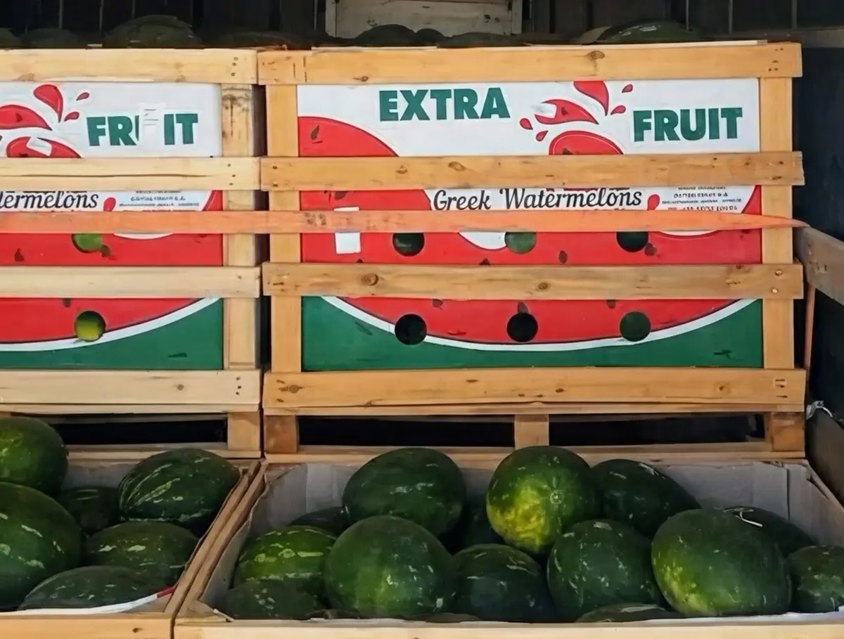 Pallets of Extra Fruit crates with Greek watermelons ready for loading